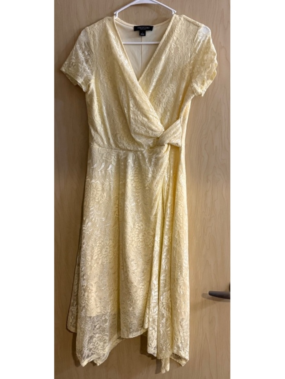 pale yellow short-sleeve lace midi dress wrap-style bodice handkerchief hem sm